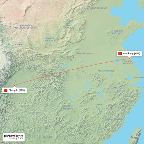 Yancheng - Chengdu direct flight map