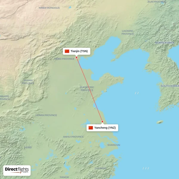 Yancheng - Tianjin direct flight map