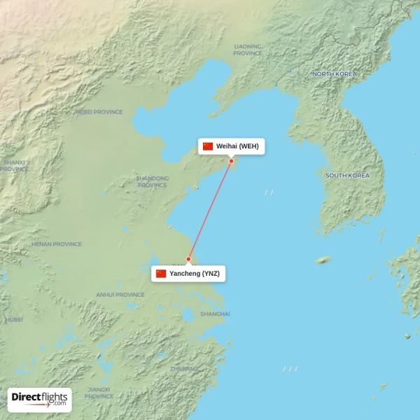 Yancheng - Weihai direct flight map