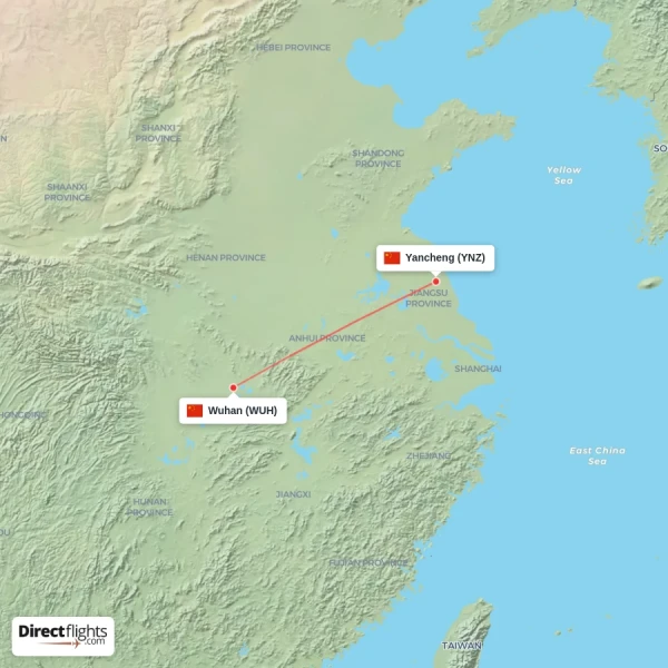 Yancheng - Wuhan direct flight map