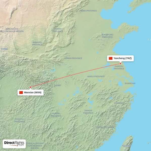 Yancheng - Wanxian direct flight map