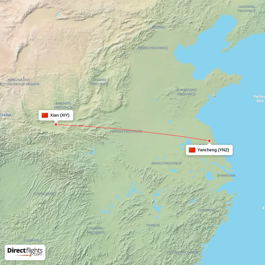 YNZ - XIY route map