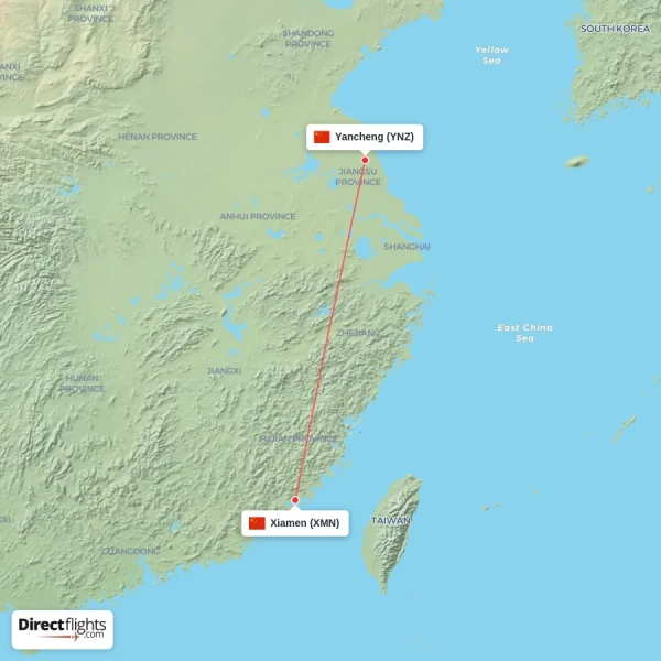 Yancheng - Xiamen direct flight map