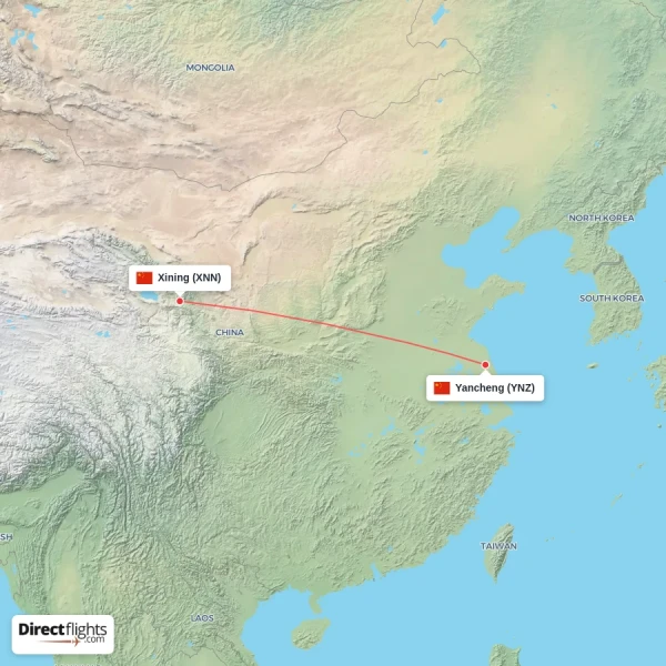 Yancheng - Xining direct flight map