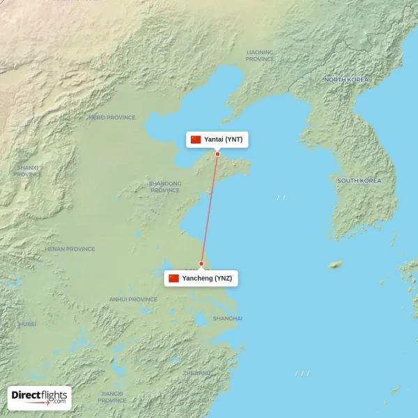 Yancheng - Yantai direct flight map