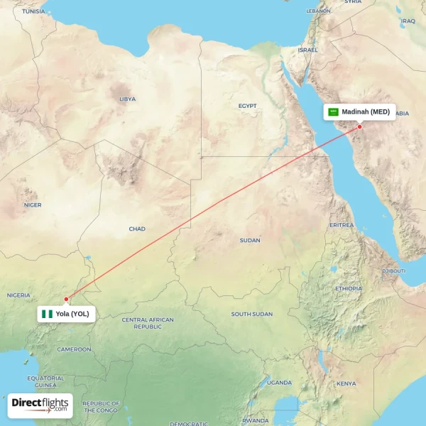 Yola - Madinah direct flight map