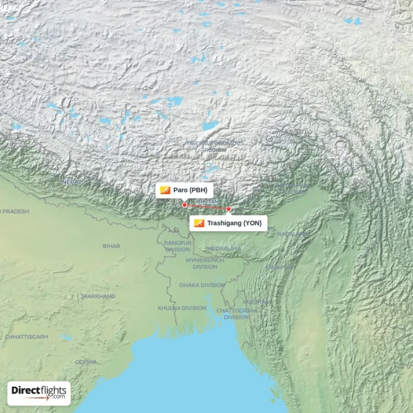 Trashigang - Paro direct flight map