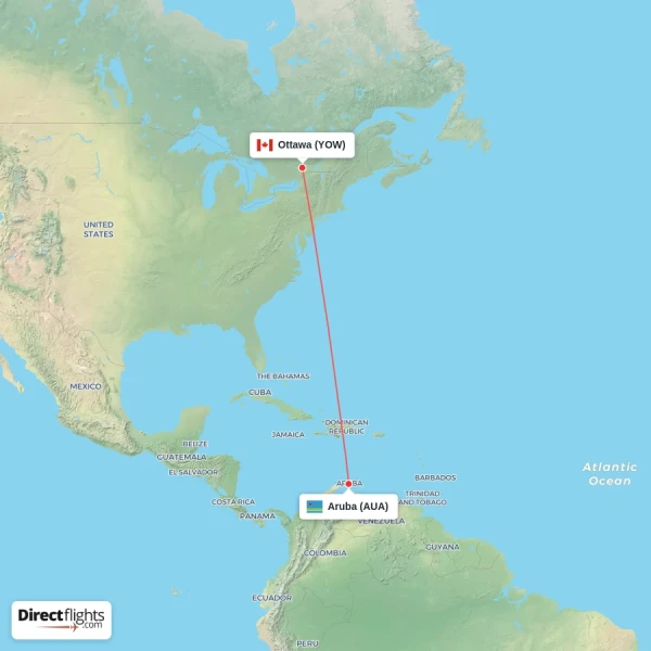 Ottawa - Aruba direct flight map