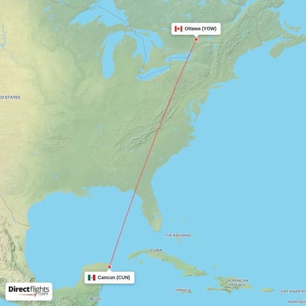 Ottawa - Cancun direct flight map