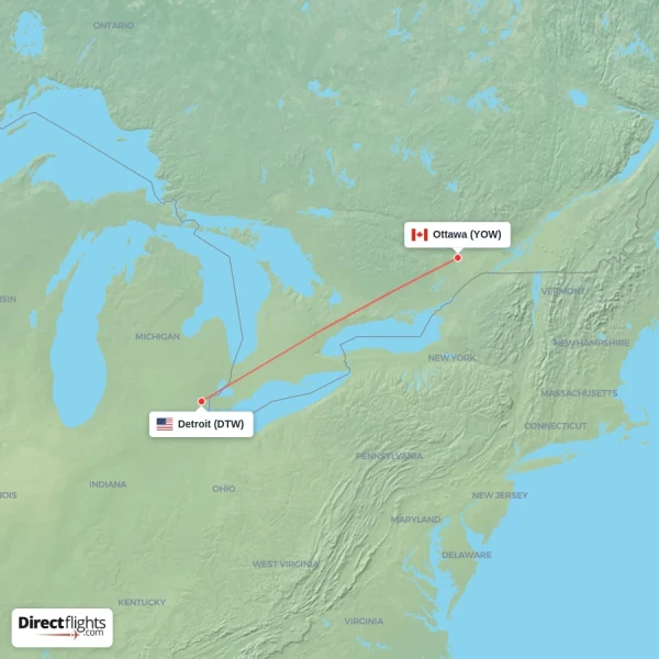 Ottawa - Detroit direct flight map