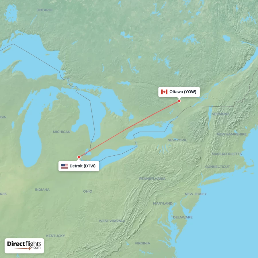YOW - DTW route map