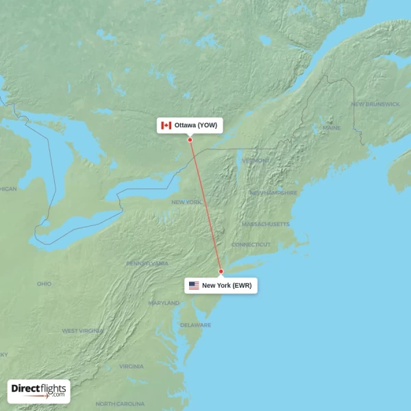 Ottawa - New York direct flight map