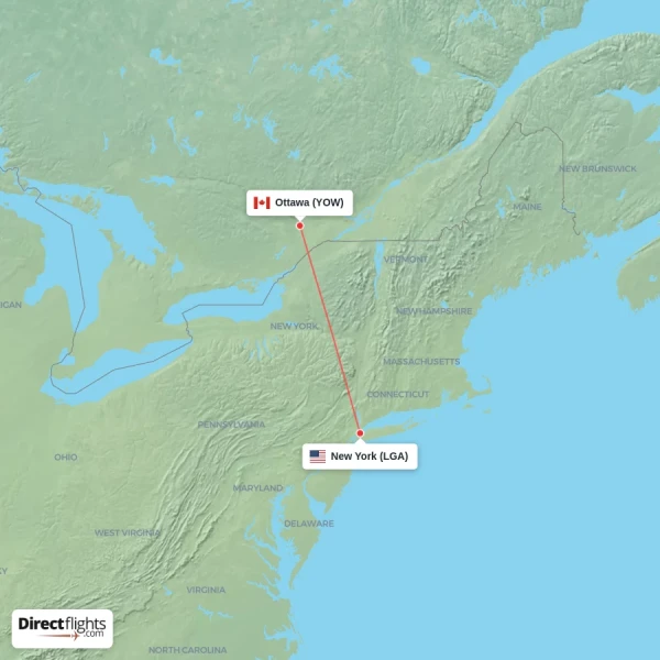 Ottawa - New York direct flight map