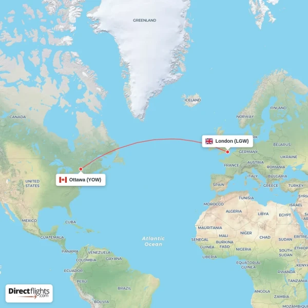 Ottawa - London direct flight map