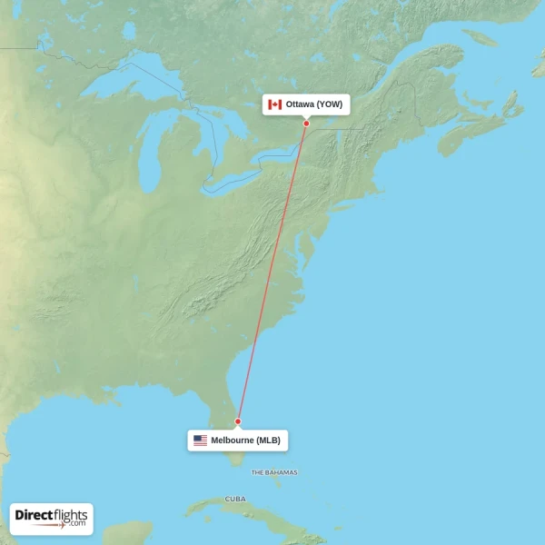 Ottawa - Melbourne direct flight map