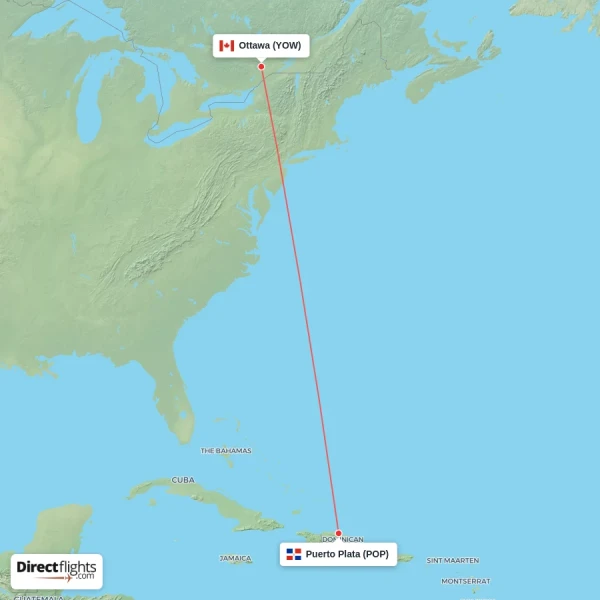Ottawa - Puerto Plata direct flight map