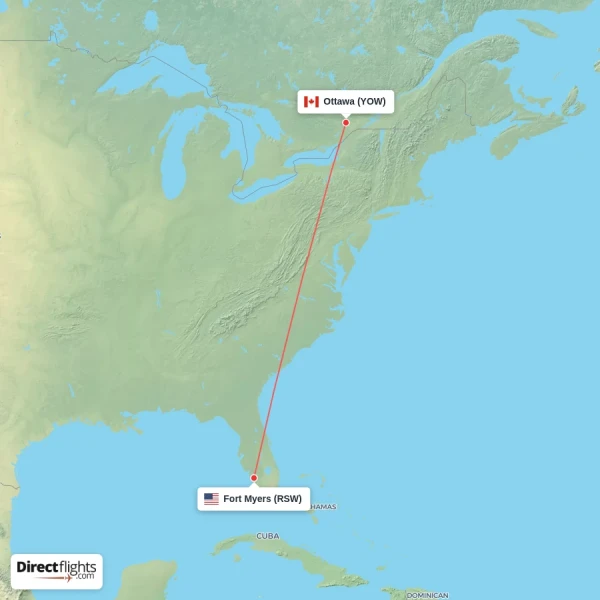 Ottawa - Fort Myers direct flight map