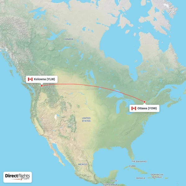 Ottawa - Kelowna direct flight map
