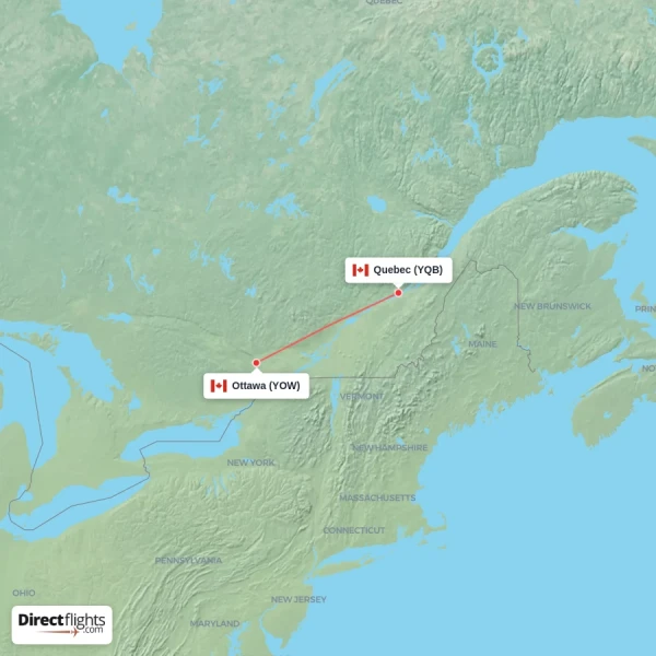 Ottawa - Quebec direct flight map