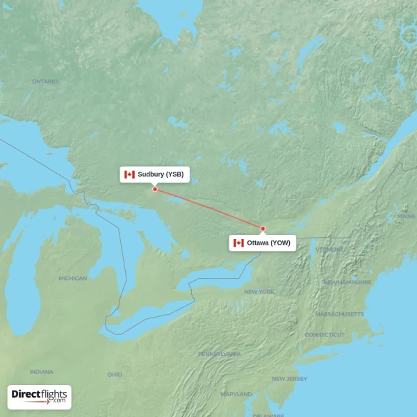 Ottawa - Sudbury direct flight map