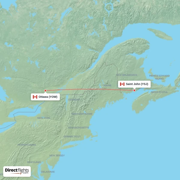 Ottawa - Saint John direct flight map
