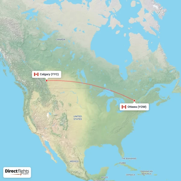 Ottawa - Calgary direct flight map