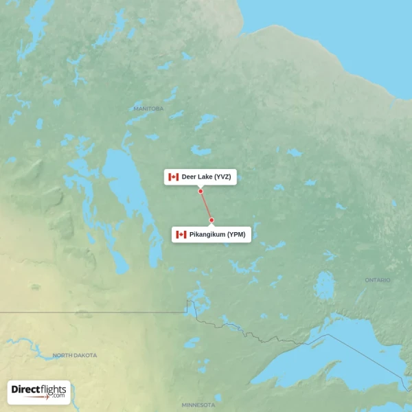 Pikangikum - Deer Lake direct flight map