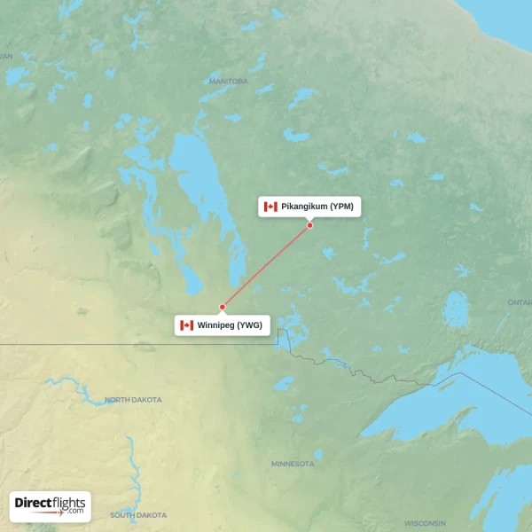 Pikangikum - Winnipeg direct flight map
