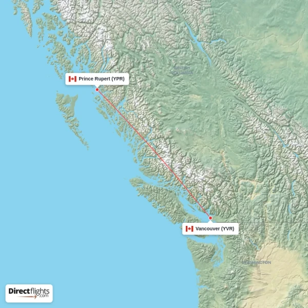 Prince Rupert - Vancouver direct flight map