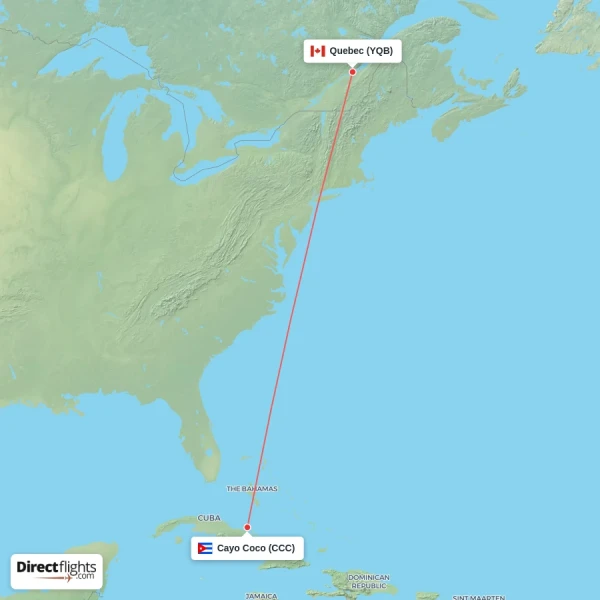 Quebec - Cayo Coco direct flight map