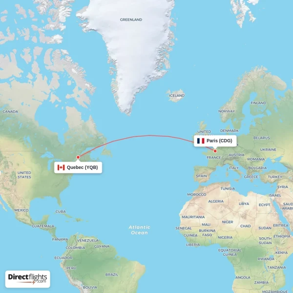 Quebec - Paris direct flight map