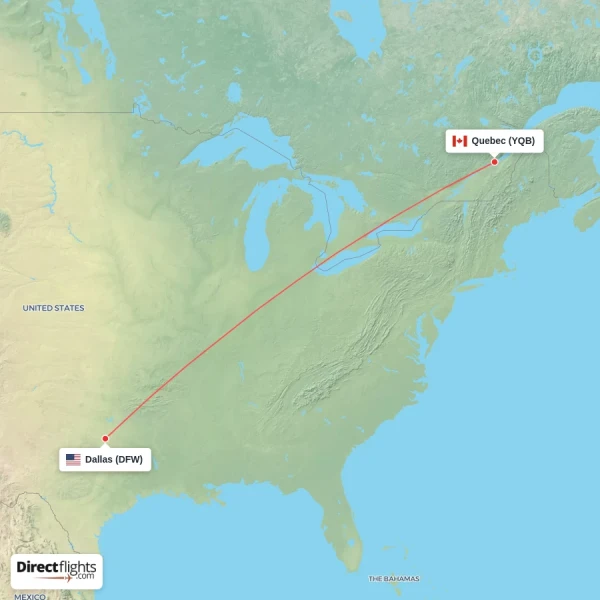 Quebec - Dallas direct flight map