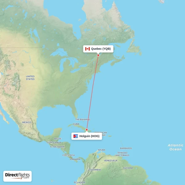 Quebec - Holguin direct flight map