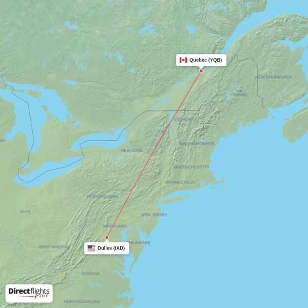 Quebec - Dulles direct flight map