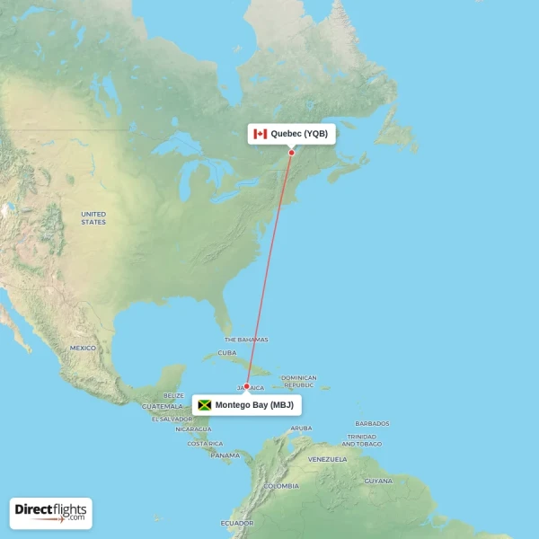 Quebec - Montego Bay direct flight map