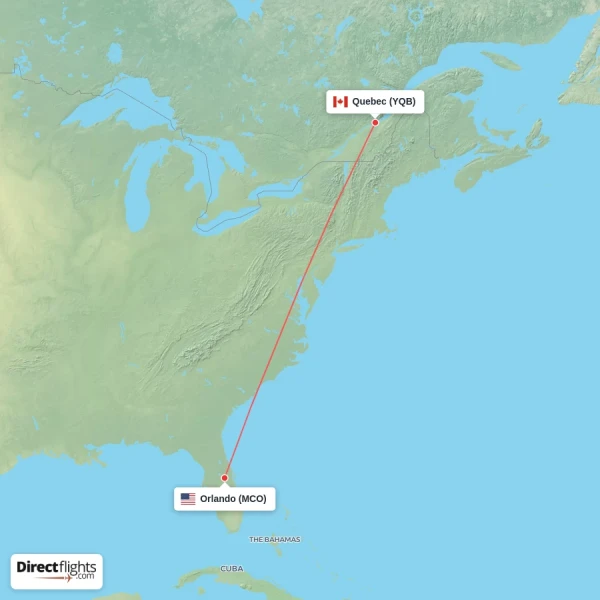 Quebec - Orlando direct flight map