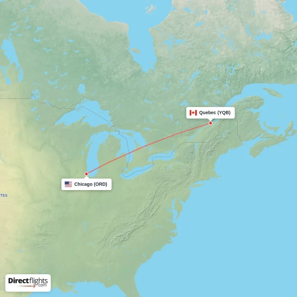 Quebec - Chicago direct flight map