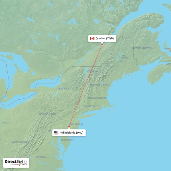 Quebec - Philadelphia direct flight map