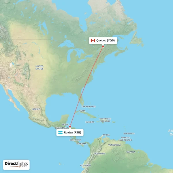 Quebec - Roatan direct flight map