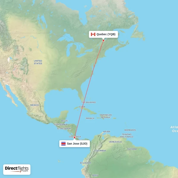Quebec - San Jose direct flight map