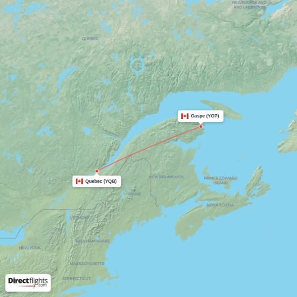 Quebec - Gaspe direct flight map