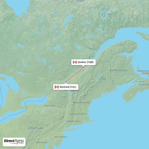 Quebec - Montreal direct flight map