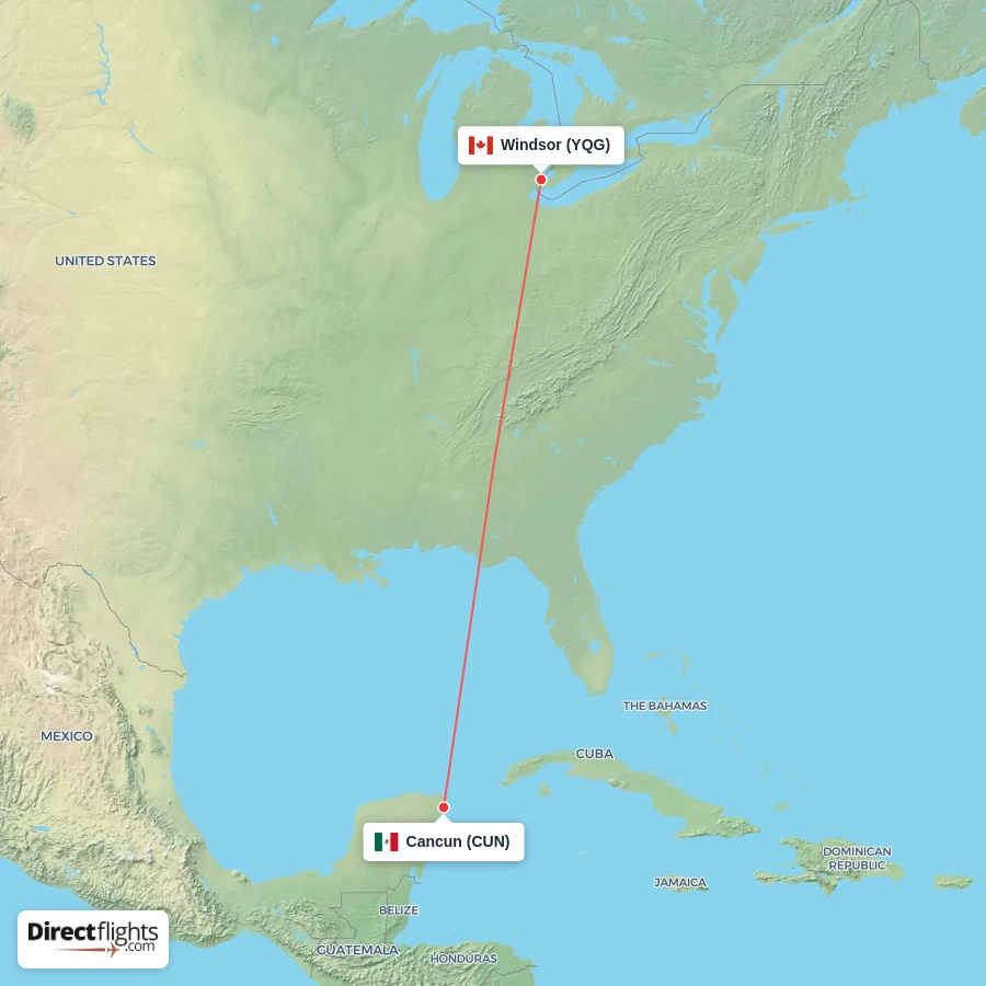 YQG - CUN route map