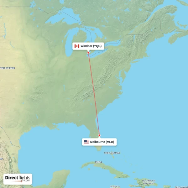 Windsor - Melbourne direct flight map