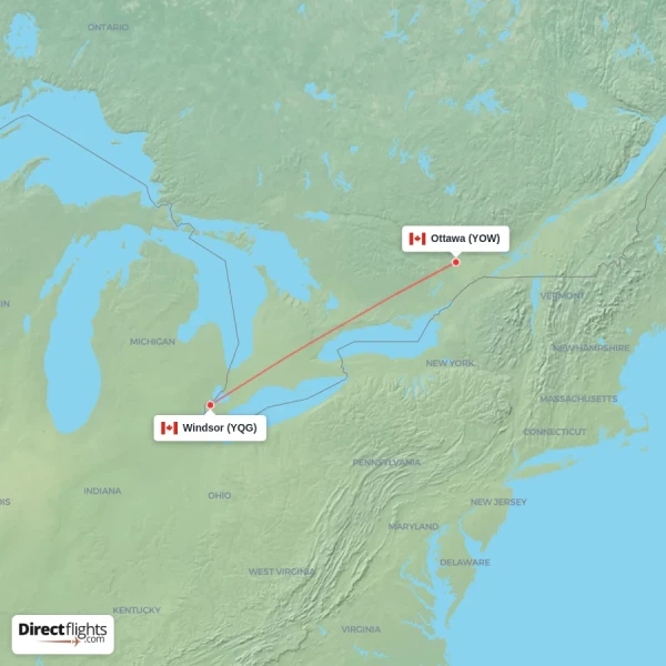 Windsor - Ottawa direct flight map