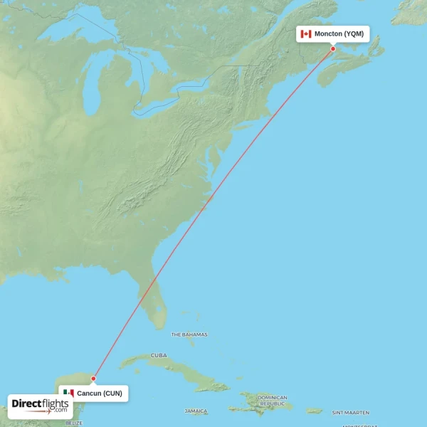 Moncton - Cancun direct flight map