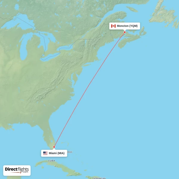 Moncton - Miami direct flight map