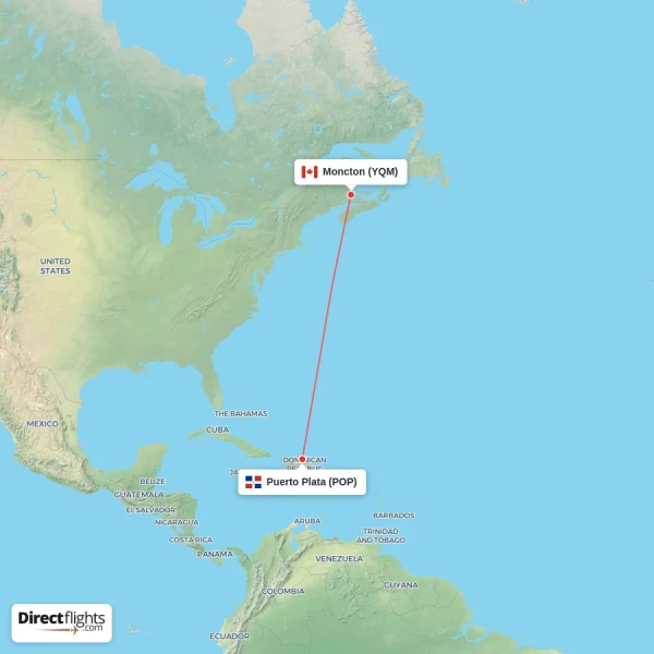 Moncton - Puerto Plata direct flight map