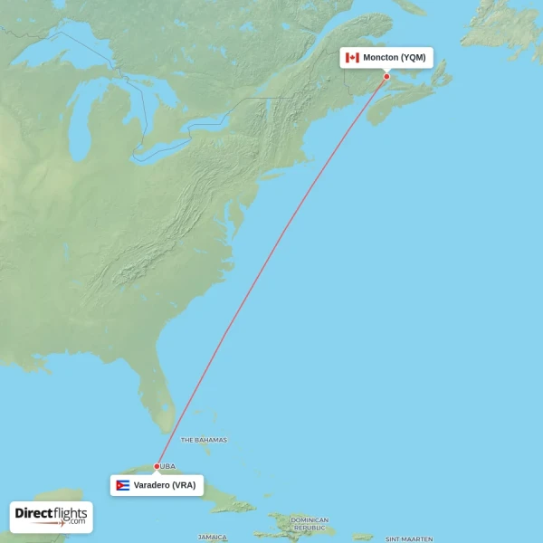 Moncton - Varadero direct flight map