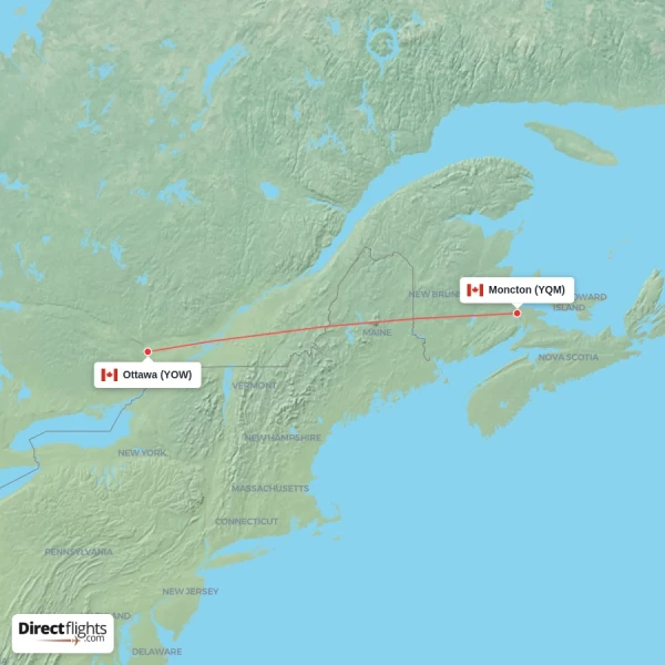 Moncton - Ottawa direct flight map